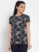 Cukoo Active Wear: Black and Grey Printed Short- Sleeve T-Shirt for Women - Cukoo 