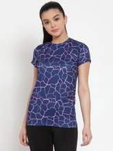 Cukoo Active Wear: Ink Blue Abstract Pattern Round Neck T-shirt for Women - Cukoo 