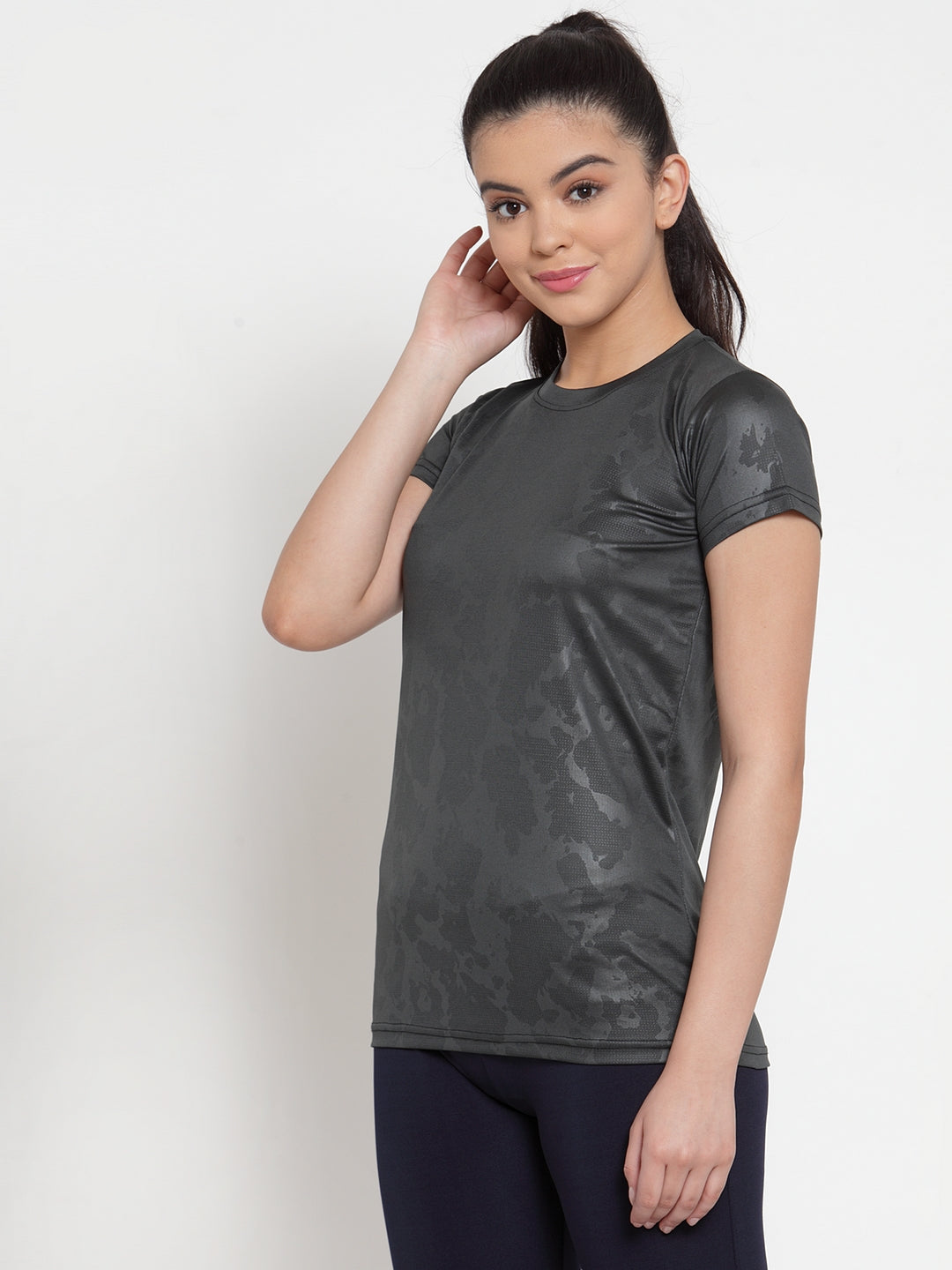 Cukoo Active Wear : Metallic Grey Printed Round Neck T-Shirt with Short Sleeves for Women - Cukoo 