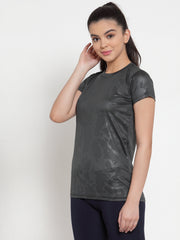 Cukoo Active Wear : Metallic Grey Printed Round Neck T-Shirt with Short Sleeves for Women - Cukoo 