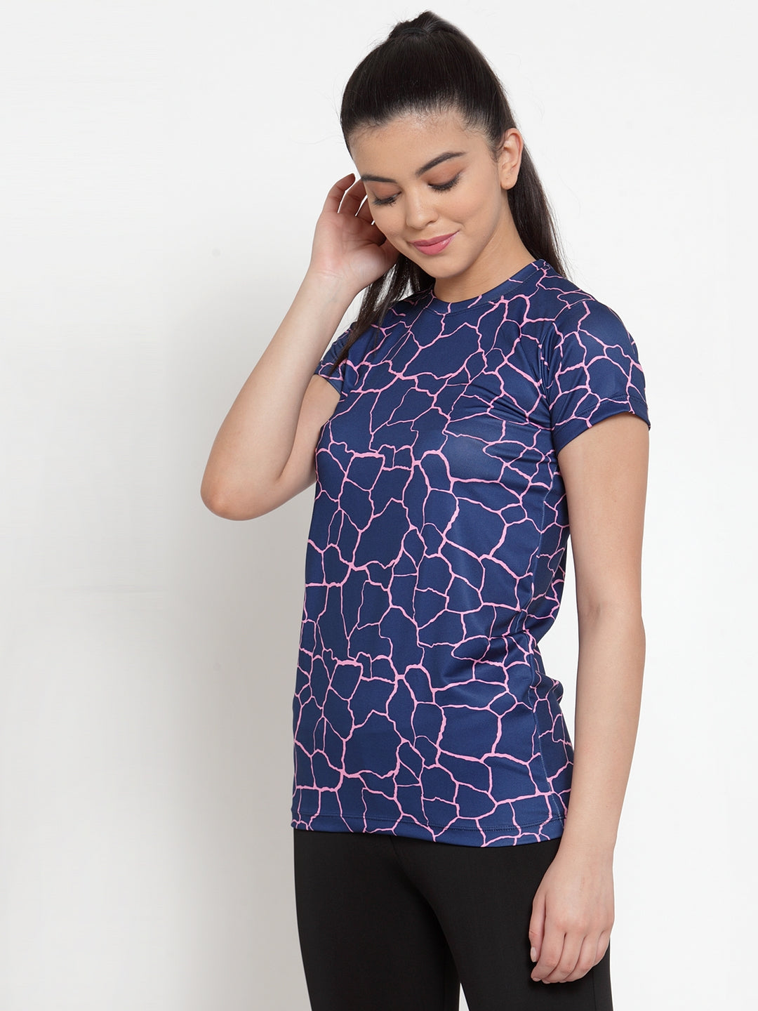 Cukoo Active Wear: Ink Blue Abstract Pattern Round Neck T-shirt for Women - Cukoo 