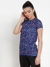 Cukoo Active Wear: Ink Blue Abstract Pattern Round Neck T-shirt for Women - Cukoo 