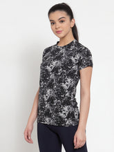 Cukoo Active Wear: Black and Grey Printed Short- Sleeve T-Shirt for Women - Cukoo 