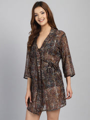 Brown printed cover up Sarong with Gold Lurex Line (Only Sarong)