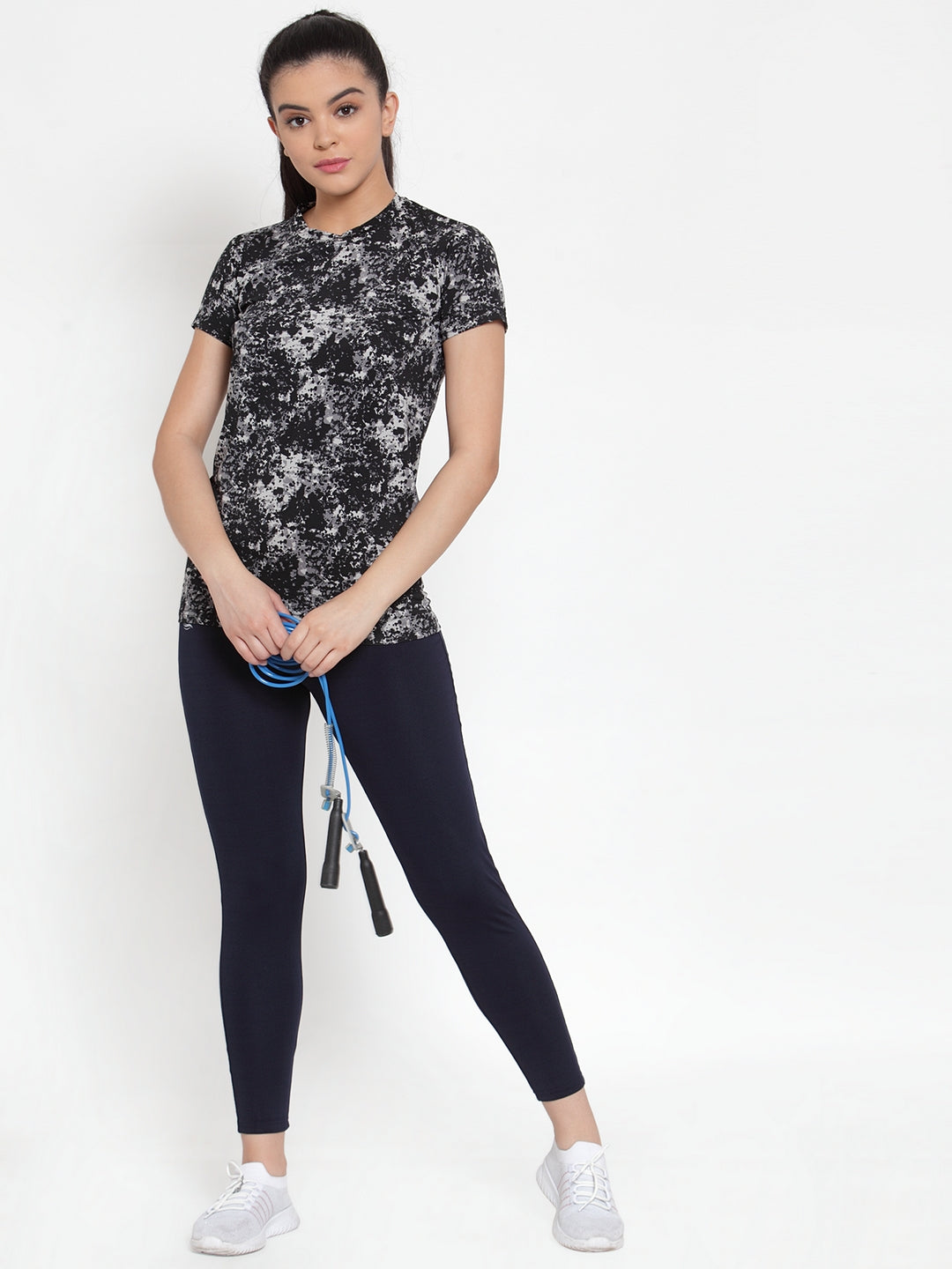 Cukoo Active Wear: Black and Grey Printed Short- Sleeve T-Shirt for Women - Cukoo 
