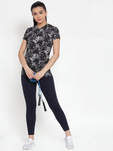 Cukoo Active Wear: Black and Grey Printed Short- Sleeve T-Shirt for Women - Cukoo 