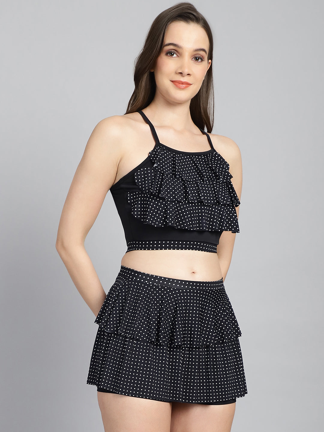 CUKOO Padded Black Polka Dot Skirtini Swimwear
