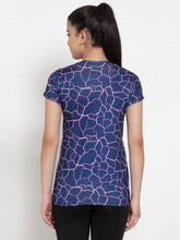 Cukoo Active Wear: Ink Blue Abstract Pattern Round Neck T-shirt for Women - Cukoo 