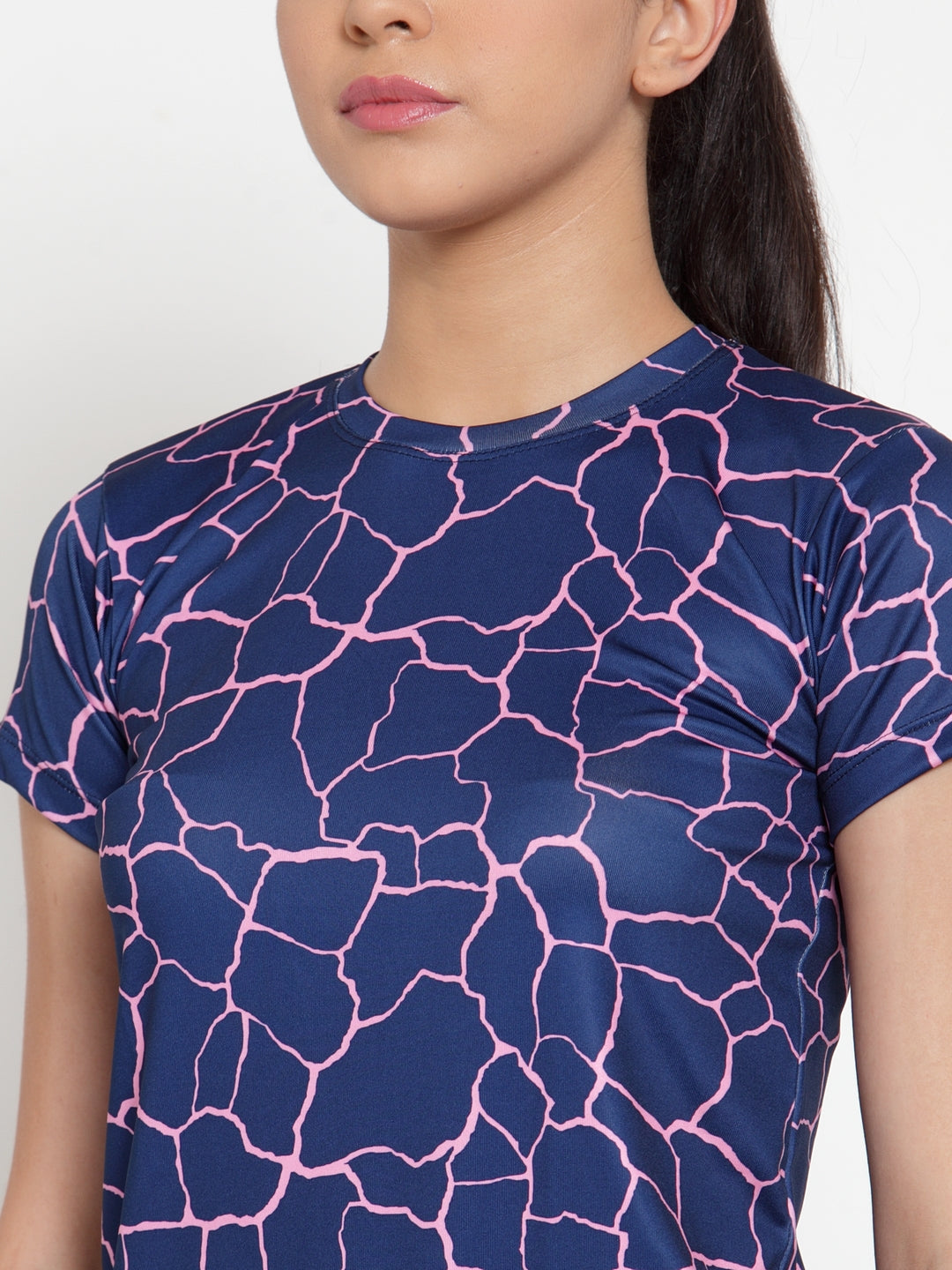 Cukoo Active Wear: Ink Blue Abstract Pattern Round Neck T-shirt for Women - Cukoo 