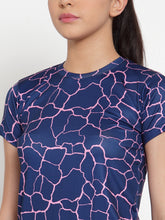 Cukoo Active Wear: Ink Blue Abstract Pattern Round Neck T-shirt for Women - Cukoo 