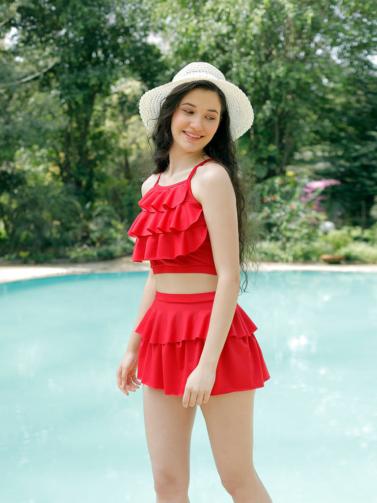 CUKOO Padded Red Two piece Skirtini Swimwear –