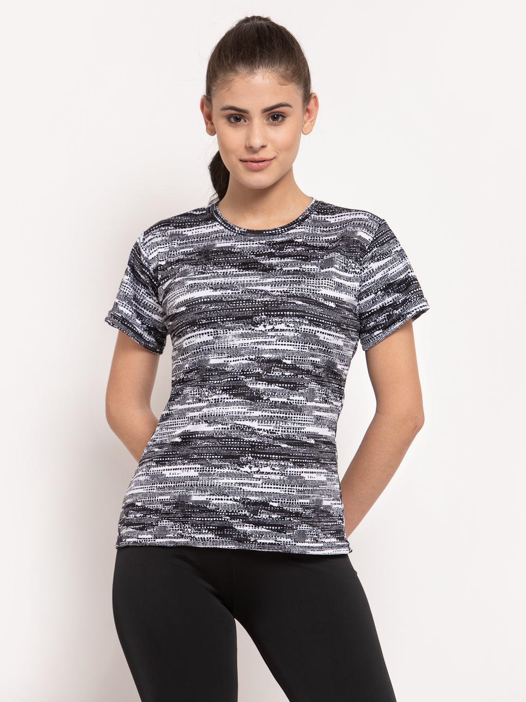 CUKOO Rapid Dry Black & White Printed Round Neck T-Shirt - Cukoo 