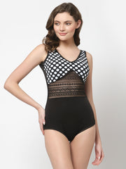 Cukoo Padded Printed Black & White Polka Dot Single Piece Swimsuit