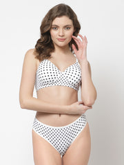 CUKOO Polka Dot Printed White Lingerie Set