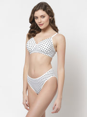 CUKOO Polka Dot Printed White Lingerie Set