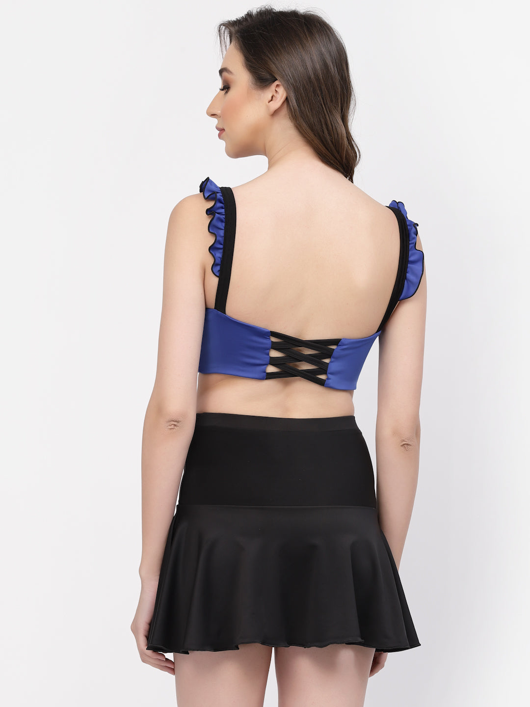 CUKOO Padded Blue & Black Two piece Skirtini Swimwear